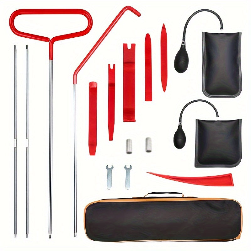 1set 17pcs Car Tool Kit Roadside Emergency Kit With Long Reach Grabber Air Wedge Bag Pump NonMarring Wedge  Carrying Bag  Automotive Kit